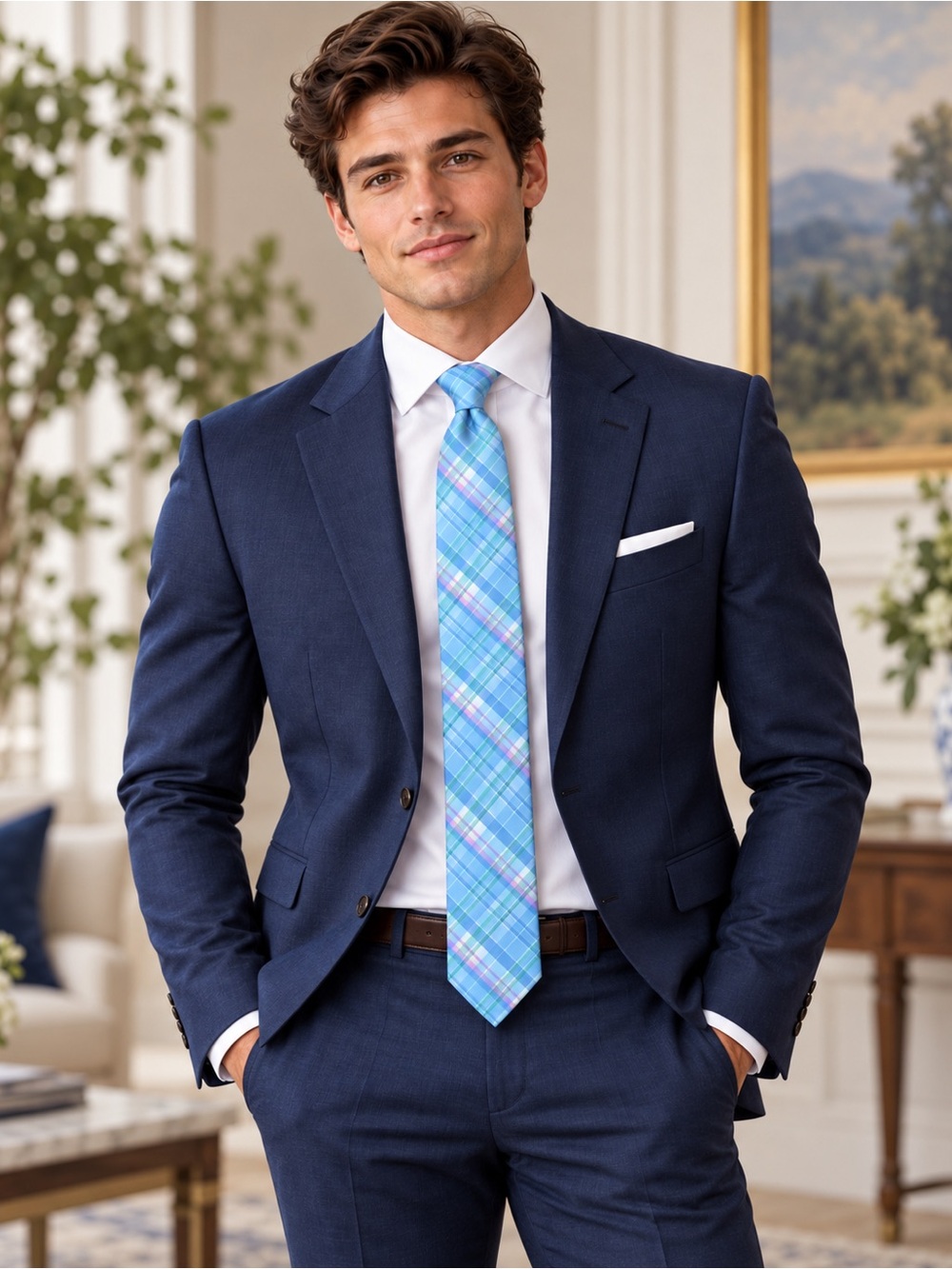 NWT Men Lauren Ralph Lauren Light Blue Plaid Silk Tie Vintage-Inspired